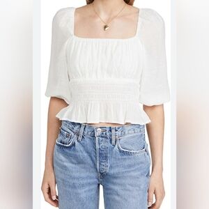 Mink Pink White Evelina Square Neck and Smocked Waistline Blouse L